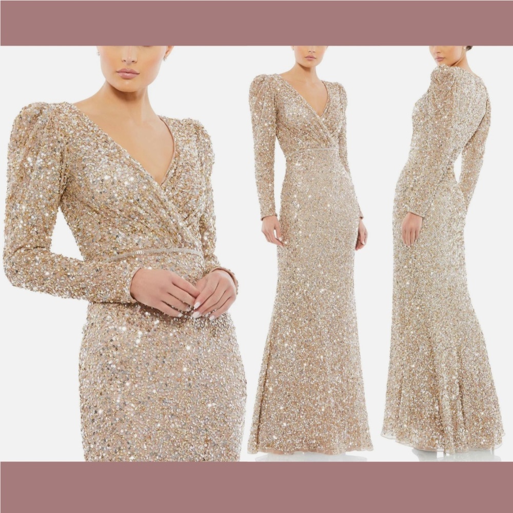 NWT $498 Mac Duggal [‎ 10 ] V Neck Puff Shoulder Sequined Surplice Gown Gold